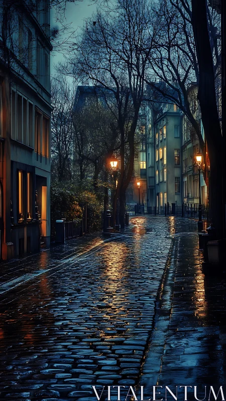 Rain-soaked cobblestone street under warm lamplight at dusk.