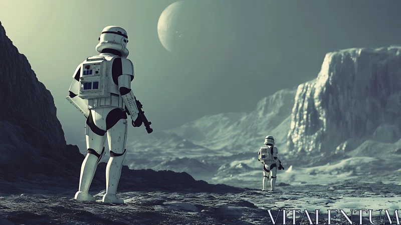 Armored soldiers explore icy alien landscape under moon