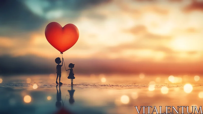 Children holding heart-shaped balloon at golden sunset beach.