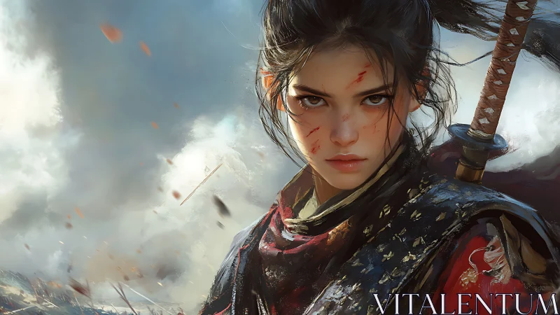 Wounded samurai girl stares ahead through drifting battle smoke