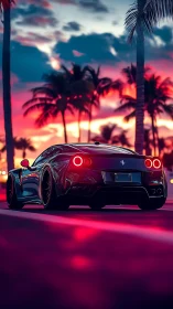 Rear view sports car on palm lined road at sunset.