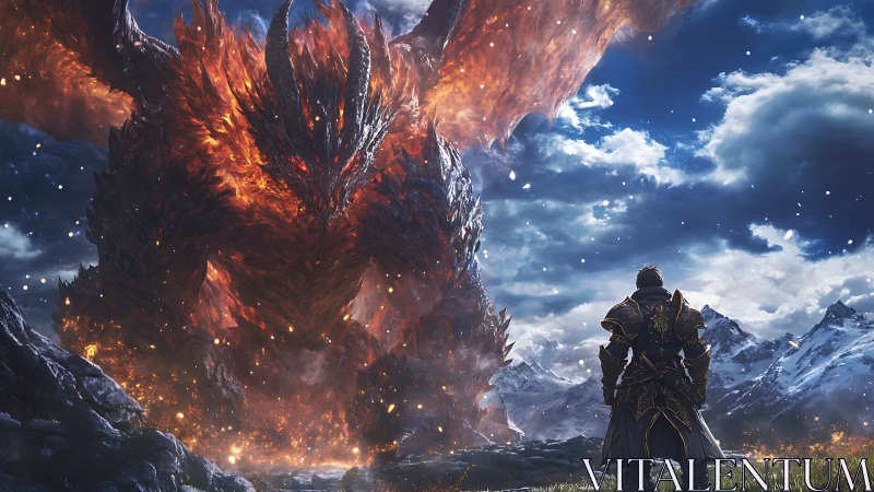 Armored warrior confronting colossal molten dragon titan.