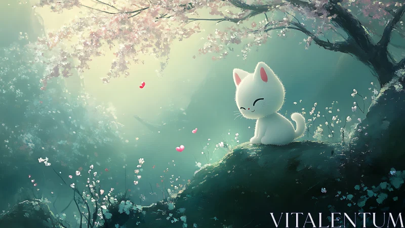 Blossom-dream kitten resting under a misty cherry hush.