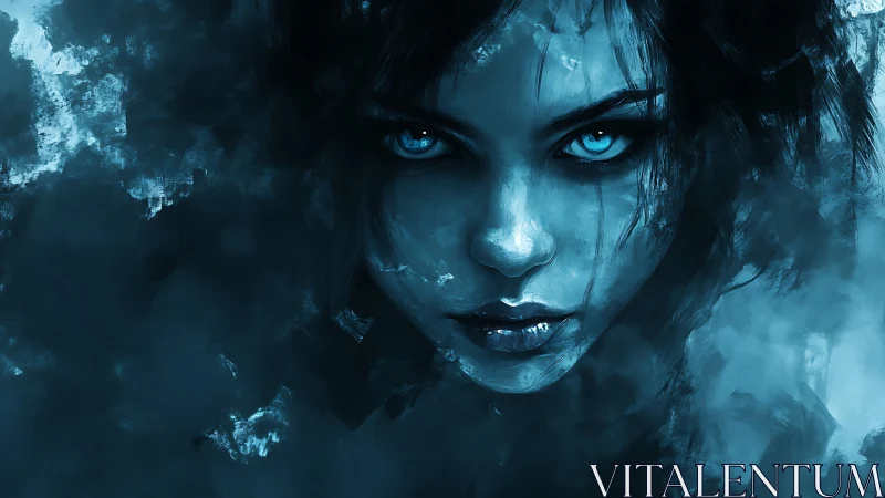 Stormlit gaze emerges from swirling blue shadows with power