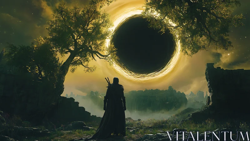 Cloaked figure observing luminous vortex in forested ruins.