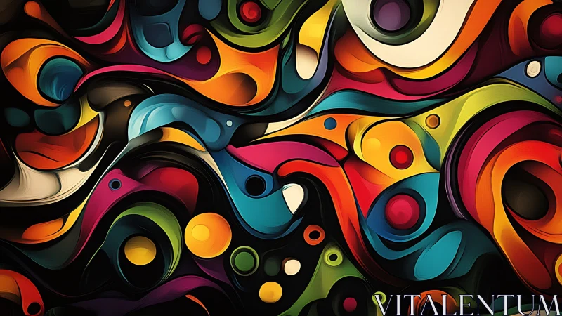 Colorful curved shapes interlock in layered abstract composition