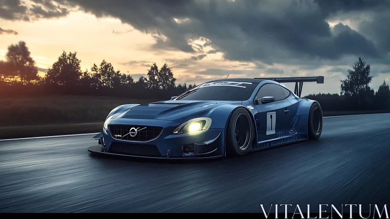 Sunset sprint with a low-slung blue track rocket.