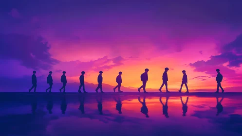 Sunset silhouettes drifting along a mirrored shoreline.