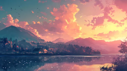 Sunset-illuminated mountain lake with cottage in painterly hues