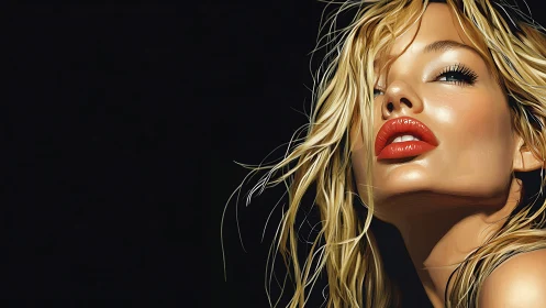 Glamorous blonde portrait with glossy red lips in shadow.