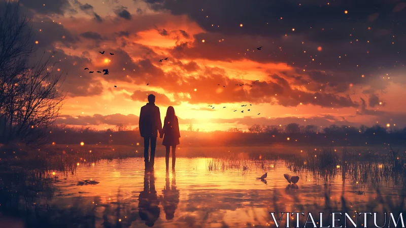 Two figures stand in luminous waters beneath explosive golden sunset