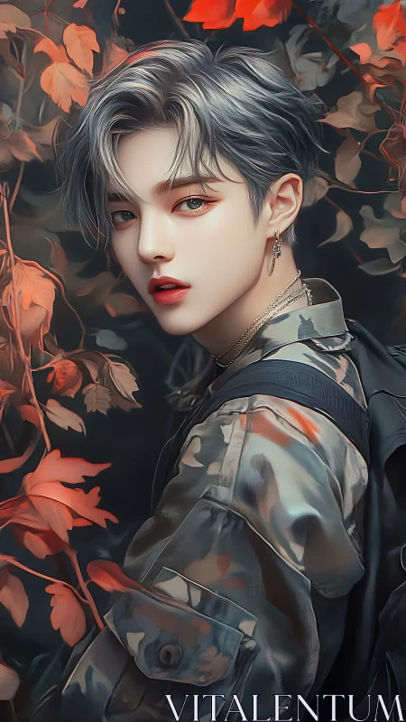 Androgynous figure in camo amid muted red foliage.