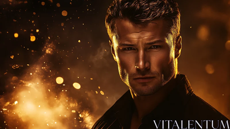 Moody male portrait against cinematic ember-lit bokeh field