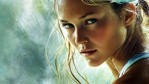 Intense green-eyed woman stares through misty light background.