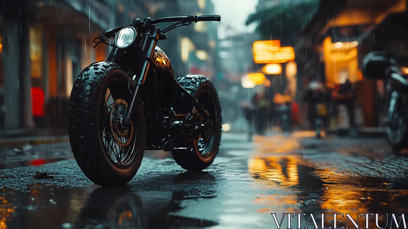 Custom motorcycle glowing in rainy neon city street night.