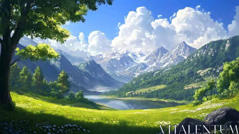 Mountain valley landscape with lake under clear daylight.