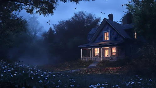 Quiet forest house at dusk with warm interior lights.