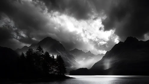 Stormlit mountain lake wrapped in gentle monochrome drama.