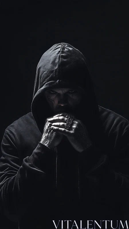 Hooded figure broods in shadowy low key dramatic lighting
