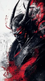 Digital painting of horned demon portrait in splatter composition.