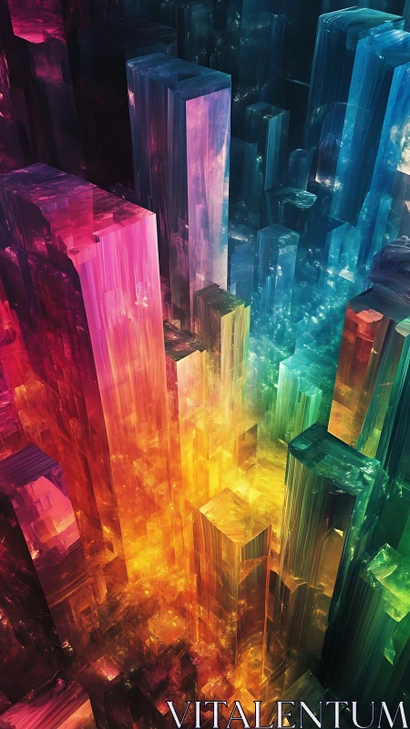 Luminous crystal cityscape glows in vibrant neon depth