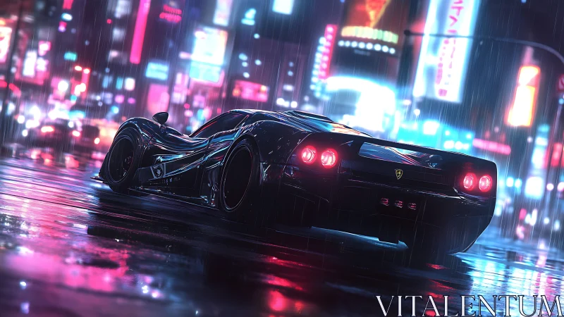 Midnight hypercar in neon drenched cyberpunk rainscape.