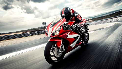 Red superbike leaning into speed on dramatic racetrack curve.
