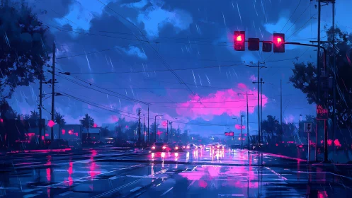 Neon city street glows under rainy twilight sky
