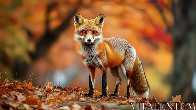 Red fox in shallow-depth autumn woodland field study.