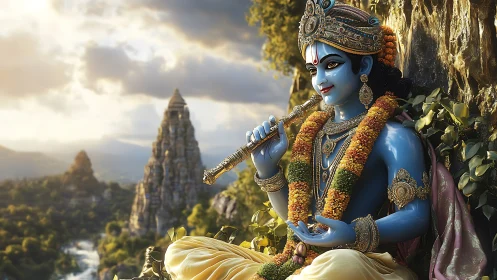 Divine blue deity with flute amidst sunlit temple landscape.