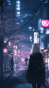 Neon-lit alley with lone backpacked figure in rainy night city