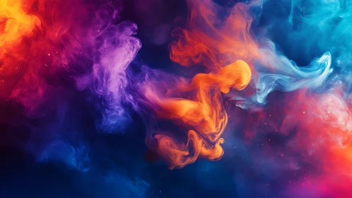 Colorful swirling smoke clouds in deep abstract background.
