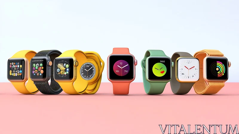 Row of multicolored smartwatches with varied bands and faces.