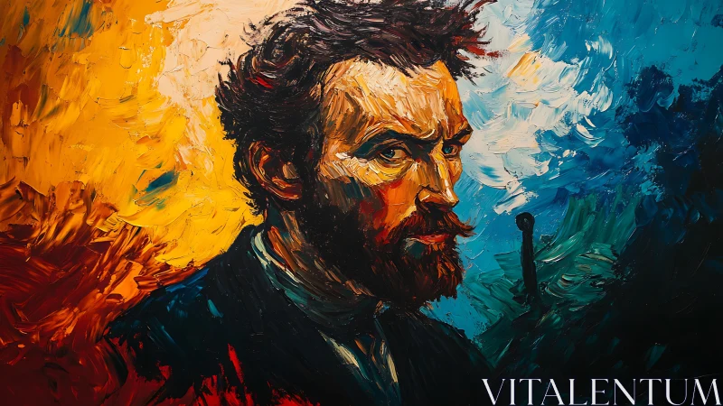 Bold brushstroke portrait glowing with fiery color and depth.