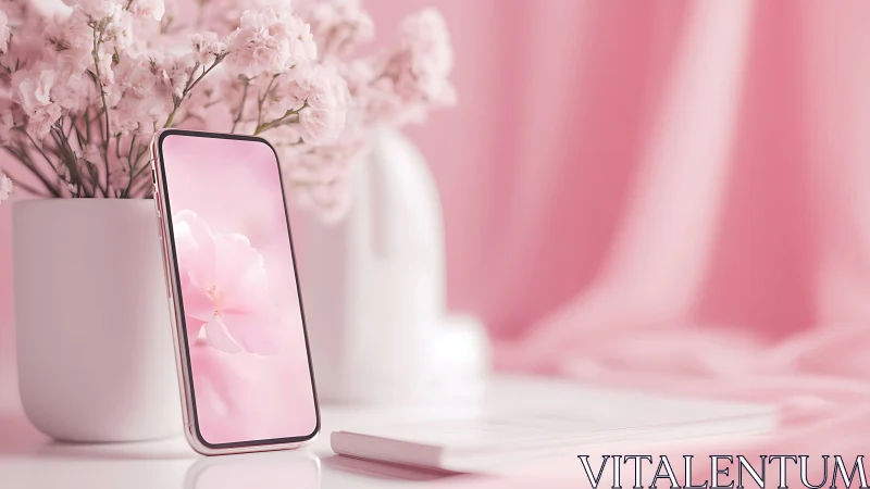 Smartphone Blooms Amid Delicate Florals in Soft Pink Paradise