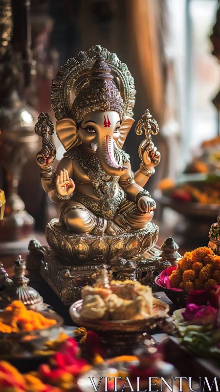 Gilded Ganesha idol glows amid rich festive offerings.