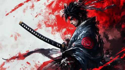 Brooding samurai grips katana amid violent red storm.
