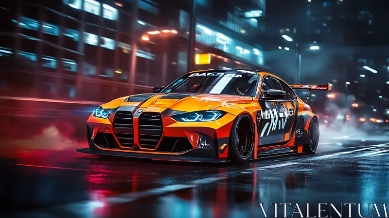 Aerodynamic widebody race car accelerates through neon-lit city street