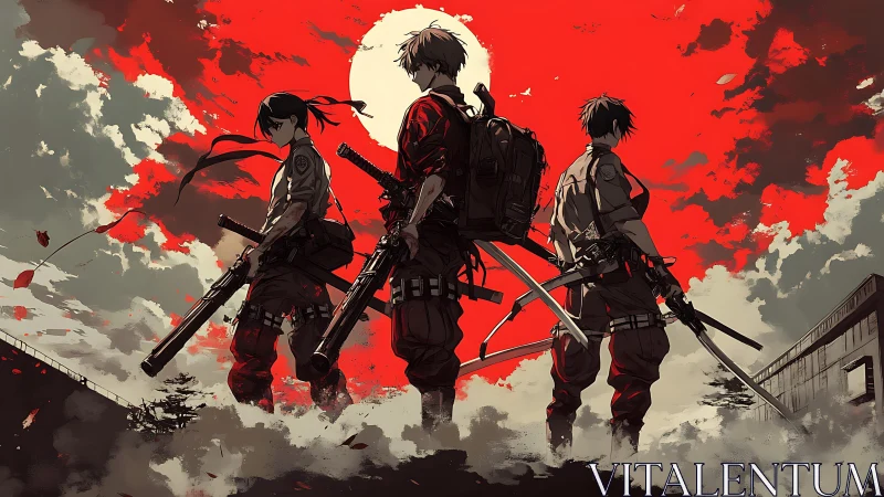 Three armed fighters stand under red sky and white sun