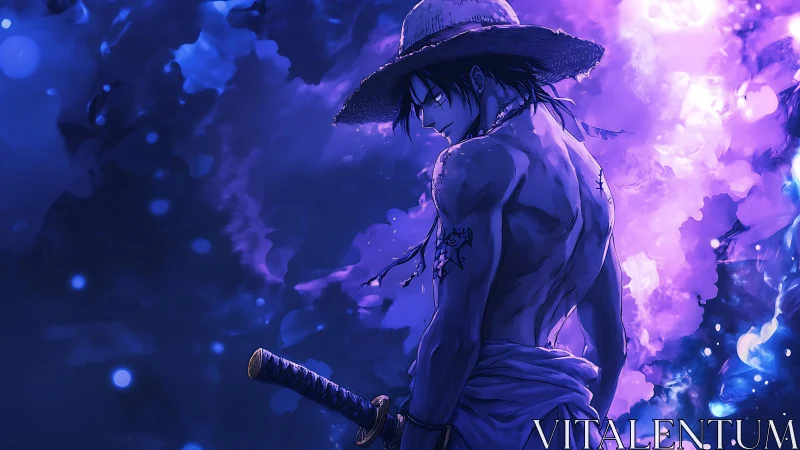 Stormlit swordsman tilts into violet embers of memory