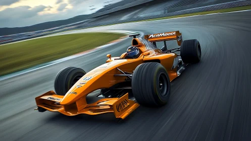 Orange single-seater race car on curved asphalt track.