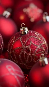 Glittering red Christmas bauble glows amid soft festive blur
