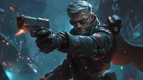 Cyberpunk gunman aims pistol in neon lit urban alley