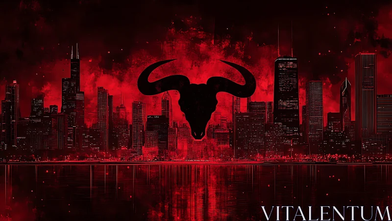 Digital painting skyline with central bull emblem silhouette.