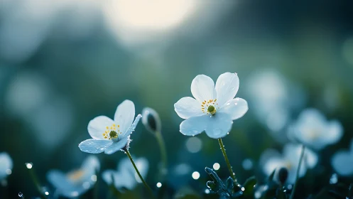Delicate white blossoms dance with morning dew and gentle light