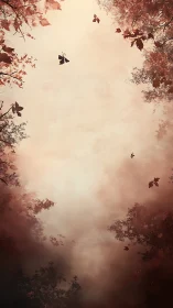 Vertical forest canopy view with scattered autumn leaves.