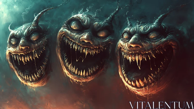 Grotesque horned demon heads with gaping fanged maws.