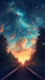 Dreamlike railway horizon under glowing cosmic sky.