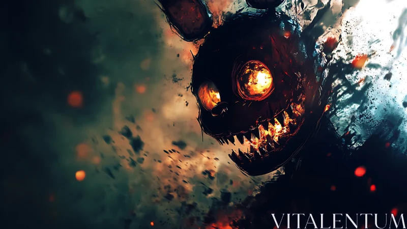 Fiery demonic rabbit head emerging from abstract darkness.