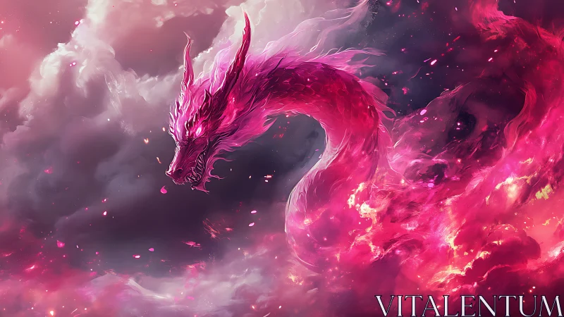 Emberstorm dragon coils through rose-lit celestial clouds.